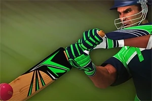 Jugador de cricket con uniforme verde y azul bateando una pelota roja