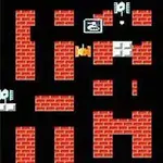 Labertinto de ladrillos rojos con un vehículo pixelado en parte central y símbolos blancos en cada esquina sobre fondo negro