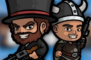 Dos personajes caricaturizados, uno con sombrero de copa y rifle, y otro con casco vikingo y espada, ambos sonriendo