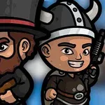 Dos personajes caricaturizados, uno con sombrero de copa y rifle, y otro con casco vikingo y espada, ambos sonriendo