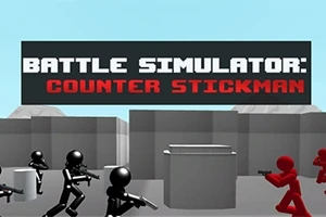 Personajes de stickman negros y rojos en un entorno de bloques con armas, frente a un cartel que dice BATTLE SIMULATOR: COUNTER STICKMAN