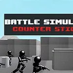 Personajes de stickman negros y rojos en un entorno de bloques con armas, frente a un cartel que dice BATTLE SIMULATOR: COUNTER STICKMAN