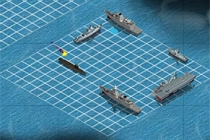 Tablero cuadriculado sobre un mar con varios barcos y un submarino, donde uno de los barcos está siendo atacado