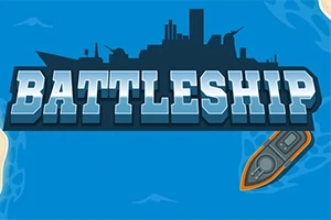Texto estilizado BATTLESHIP en letras grandes con una silueta de buque de guerra detrás y un barco pequeño a la derecha, sobre un fondo azul acuático