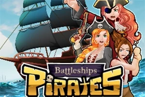 Tres personajes piratas frente a un barco de velas negras en el mar con un diseño caricaturesco