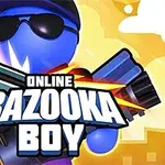 Personaje azul con gafas de sol, gorra y bazuca sobre fondo amarillo con edificios estilizados