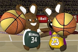 Dos conejos caricaturescos vestidos con camisetas de baloncesto, sosteniendo balones en una cancha
