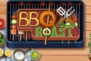 Parrilla con brochetas de vegetales y carne que forman la frase BBQ Roast