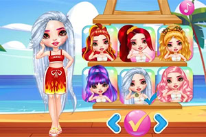 Personaje con cabello blanco y ropa con diseño de llamas junto a un panel de selección de peinados coloridos en la playa