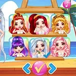 Personaje con cabello blanco y ropa con diseño de llamas junto a un panel de selección de peinados coloridos en la playa