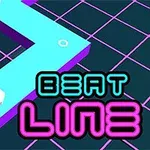 Camino azul en zigzag sobre una cuadrícula negra con el texto BEAT LINE en letras neón
