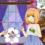 Dos chicas con cepillos y tijeras estilizan a un perro blanco esponjoso en una habitación con cortinas moradas y ventana al fondo