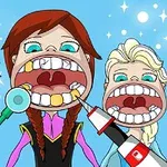 Tres personajes animados están con la boca abierta mostrando sus dientes mientras son atendidos con herramientas dentales sobre un fondo azul con estrellas
