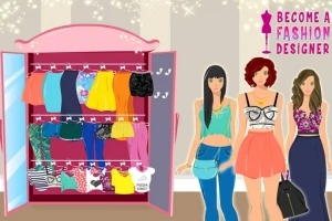 Armario abierto con ropa colorida y tres mujeres posando con atuendos de moda