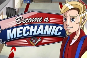 Ilustración de un personaje rubio animado junto a un letrero que dice Become a Mechanic en un entorno similar a un taller mecánico