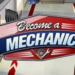 Ilustración de un personaje rubio animado junto a un letrero que dice Become a Mechanic en un entorno similar a un taller mecánico