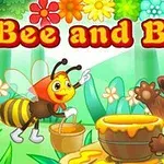 Abeja y oso caricaturescos en un bosque con flores y un tarro de miel