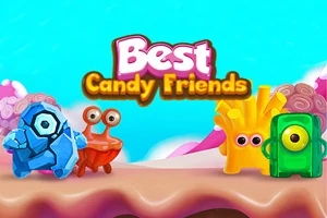 Cuatro personajes coloridos con ojos grandes sobre un paisaje dulce y el texto Best Candy Friends en el fondo