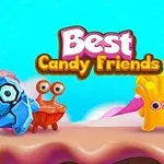 Cuatro personajes coloridos con ojos grandes sobre un paisaje dulce y el texto Best Candy Friends en el fondo