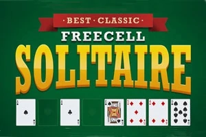 Texto grande que dice Best Classic Freecell Solitaire en un fondo verde, con cartas de póker alineadas en la parte inferior