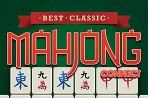 Texto rojo grande MAHJONG sobre un fondo verde, con fichas blancas que tienen símbolos orientales