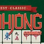 Texto rojo grande MAHJONG sobre un fondo verde, con fichas blancas que tienen símbolos orientales