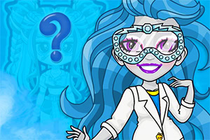 Personaje de dibujos animados con cabello azul vistiendo una bata de laboratorio y gafas futuristas, sobre un fondo azul con un signo de interrogación