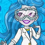 Personaje de dibujos animados con cabello azul vistiendo una bata de laboratorio y gafas futuristas, sobre un fondo azul con un signo de interrogación