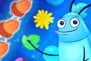 Insecto azul sonriente sosteniendo una hoja verde, con fondo azul brillante y dibujos de bellotas y una flor amarilla