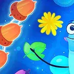 Insecto azul sonriente sosteniendo una hoja verde, con fondo azul brillante y dibujos de bellotas y una flor amarilla
