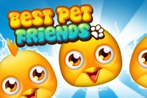 Tres personajes de pollitos amarillos con expresiones felices sobre un fondo azul, junto al texto Best Pet Friends