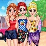 Tres chicas sonrientes posan frente a una camioneta rosa en un entorno tropical