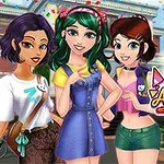 Tres chicas estilizadas posan sonrientes en un ambiente festivo al aire libre, con colorido texto BFF Art Class a un lado