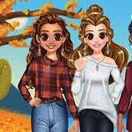 Tres personajes animados posan frente a un paisaje otoñal con árboles de hojas naranjas