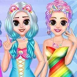 Tres personajes femeninos con cabello colorido y estilos de ropa vibrantes posan frente a un fondo azul claro