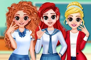 Tres personajes animados con uniformes escolares posando juntas y sonriendo en un aula