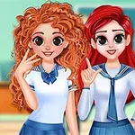 Tres personajes animados con uniformes escolares posando juntas y sonriendo en un aula