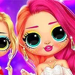 Dos muñecas con ojos grandes, cabello rubio y rosa, lucen ropa colorida y maquillaje brillante sobre un fondo púrpura