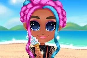 Personaje animado con cabello rosa y azul sosteniendo un helado en la playa
