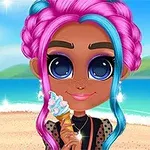 Personaje animado con cabello rosa y azul sosteniendo un helado en la playa