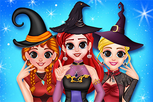 Tres chicas con sombreros de bruja y trajes de Halloween posan sonrientes frente a un fondo azul estrellado