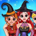 Tres chicas con sombreros de bruja y trajes de Halloween posan sonrientes frente a un fondo azul estrellado