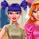 Dos personajes femeninos con peinados coloridos y vestidos brillantes posando juntos