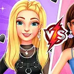 Dos personajes femeninos enfrentados, uno rubio con ropa oscura y otro castaño con ropa colorida, con un símbolo VS en el centro