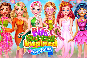 Cinco chicas con vestidos inspirados en flores, cada una con un estilo y color diferente, sobre un fondo colorido