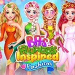 Cinco chicas con vestidos inspirados en flores, cada una con un estilo y color diferente, sobre un fondo colorido