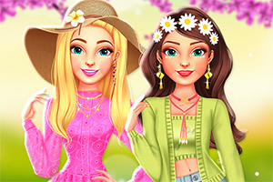 Dos chicas jóvenes, una rubia con sombrero beige y la otra con cabello oscuro y corona de flores, vestidas con atuendos primaverales en un entorno floral