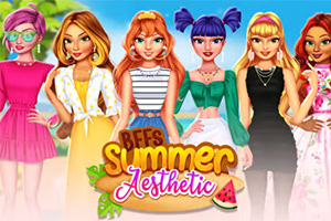Seis personajes femeninos con atuendos de verano coloridos y variados frente a un fondo de playa, con un título que incluye Summer Aesthetic