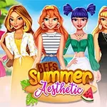 Seis personajes femeninos con atuendos de verano coloridos y variados frente a un fondo de playa, con un título que incluye Summer Aesthetic