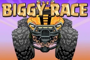 Camión monstruo amarillo con neumáticos grandes y cadena en el parachoques delantero, con texto BIGGY RACE en la parte superior sobre un fondo degradado